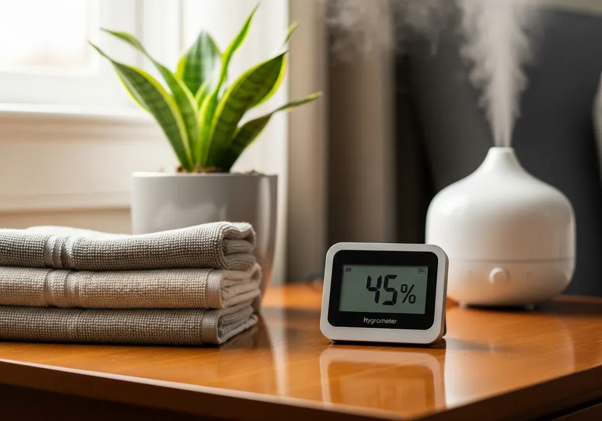 Visible signs of low humidity including cracked wood furniture, peeling paint, person with dry skin, and wilted plant leaves 