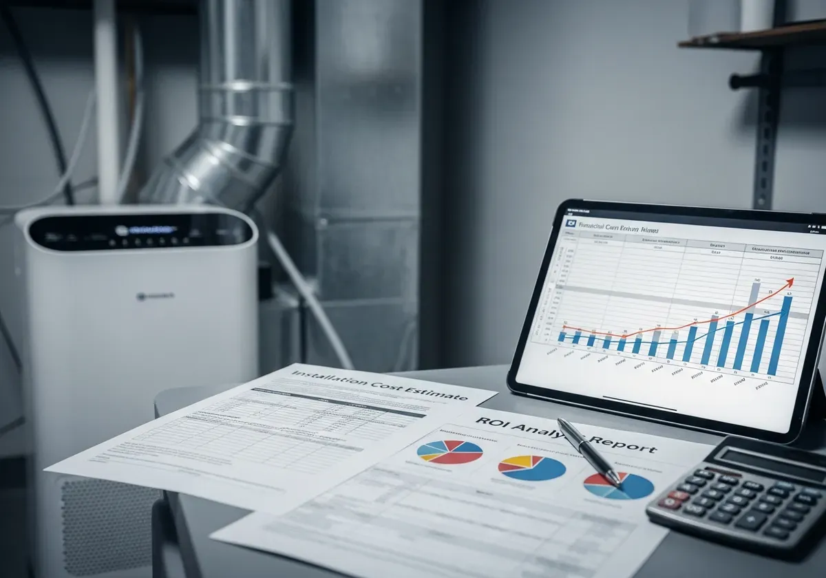 Whole-house air purifier integrated into HVAC system showing air flow through purifier and ductwork for cost and ROI analysis