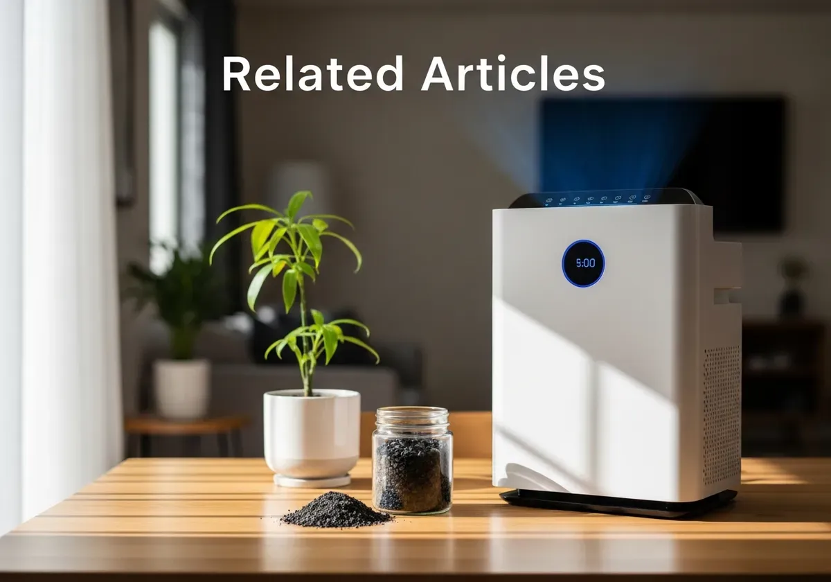 Microscopic comparison showing PM2.5 wildfire smoke particles next to human hair and sand grain, illustrating why air purifie