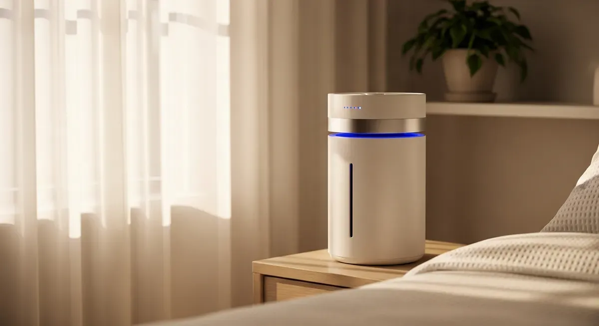 Modern air purifier with glow indicator filtering bedroom air to remove mold spores and prevent growth in bright morning ligh