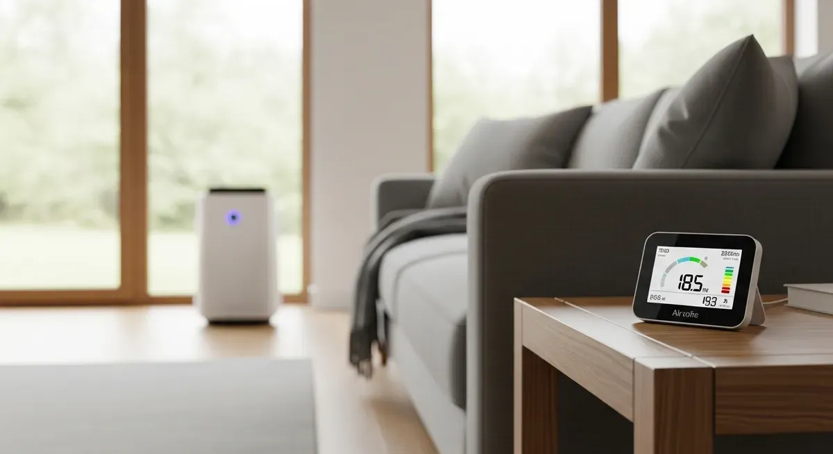 Modern air quality monitor on living room table with air purifier visible, demonstrating home air quality testing setup for i