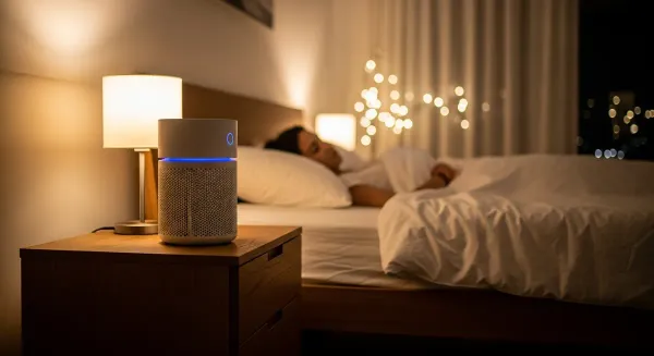 Modern bedroom at night with sleek air purifier on nightstand, soft lighting, and person sleeping peacefully for optimal air 
